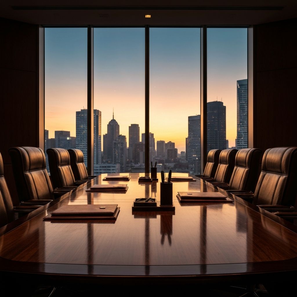 Corporate boardroom with city skyline view